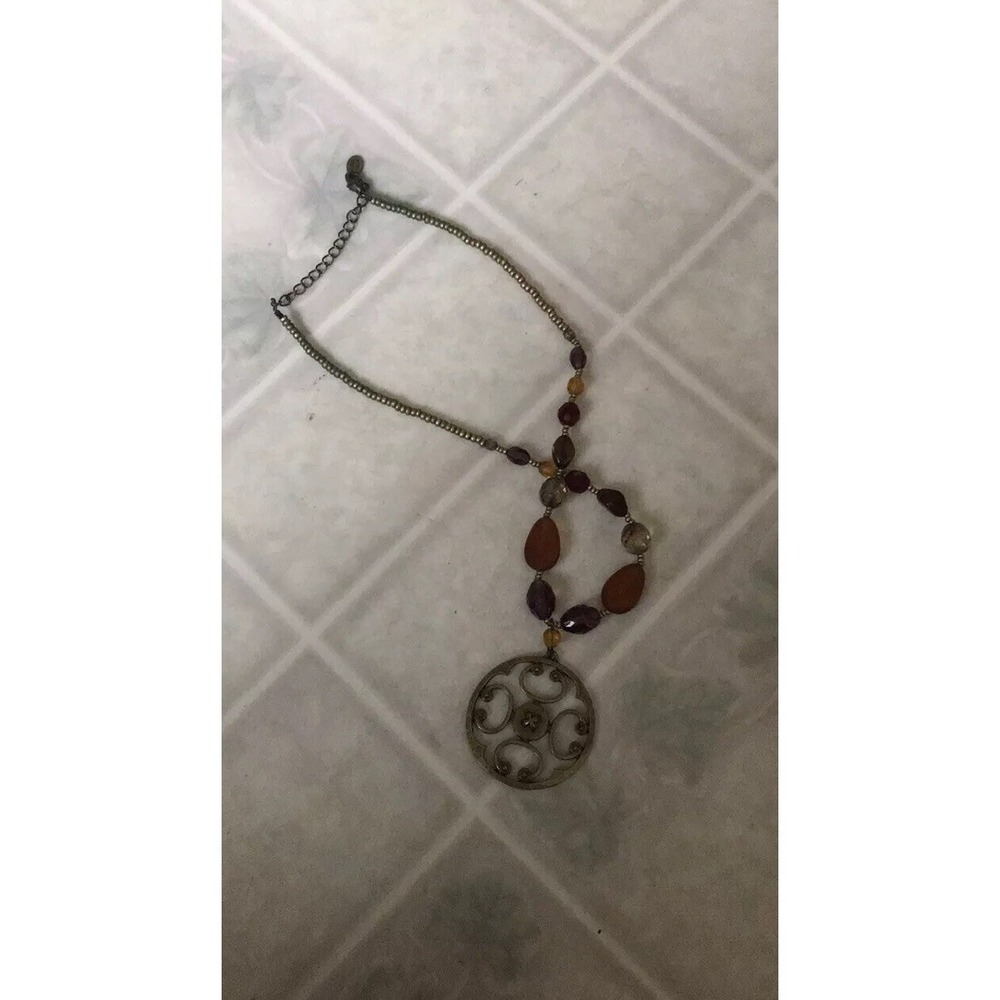 Cookie‎ Lee Bronze Medallion Necklace Purple and Gold Accent Beads 18"